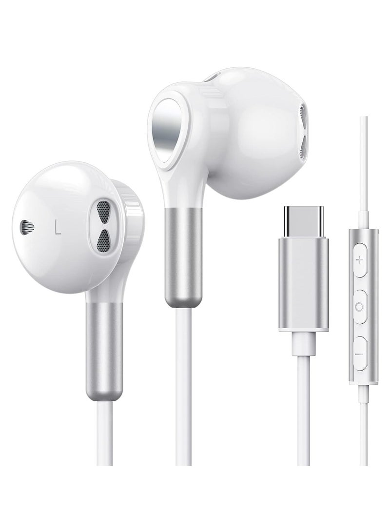 Captaintech USB C Headphones for Samsung Galaxy S23 Ultra S22 S21 FE S20, Wired In-Ear Earbuds with Mic, Compatible with Pad Pro, Pixel, OnePlus - USB Type C Earphones (White) - Image 1