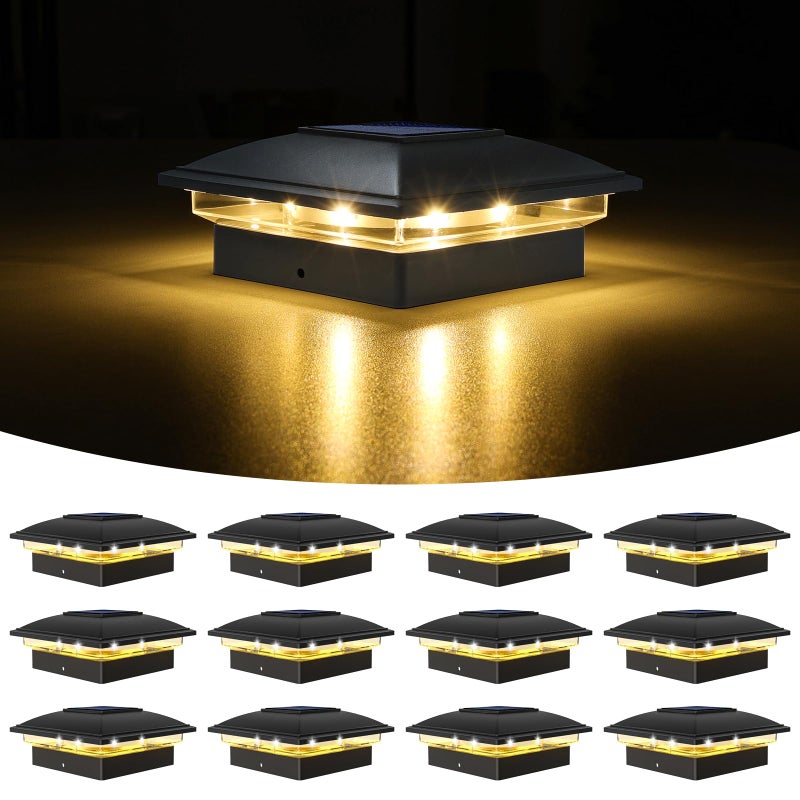VOLISUN Solar Post Cap Light Outdoor Waterproof 12pack,Solar Fence - Post Lights for 4x4 5x5 6x6 Wooden/Vinyl Post,Black Deck Post Cap Light Solar Powered with Warm White for Garden/Patio/Porch - Image 1