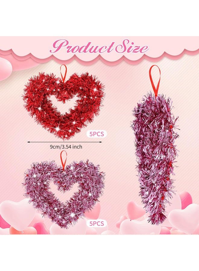 Jenaai 10 Pcs Valentine's Day Heart Ornaments Set Red Pink Hearts Tinsel Decor Tinsel Wrapped Plastic Hanging Decorations for Valentine Tree Home Sweetest Day Wedding Party Decor - Image 2