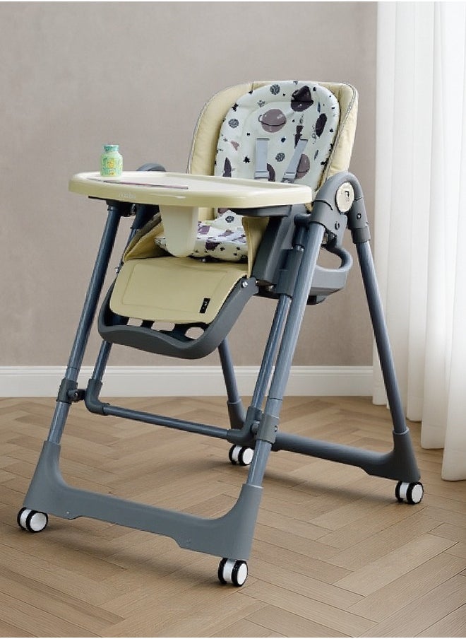 Burbay high chair for children with five height levels, can be used as a swing, double food tray, movable wheels, foldable, and has a movable footrest- DM133