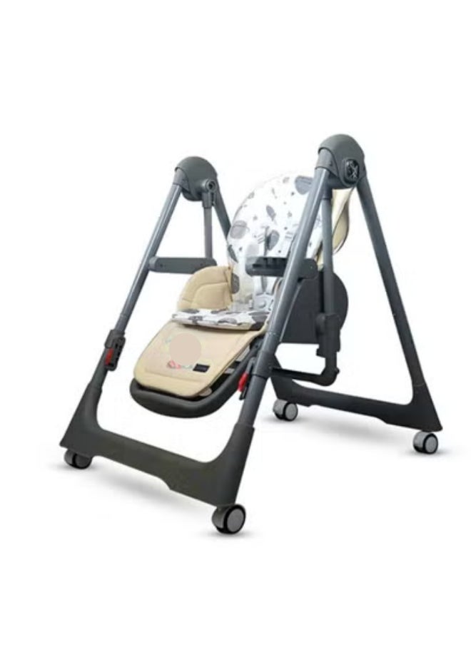 Burbay high chair for children with five height levels, can be used as a swing, double food tray, movable wheels, foldable, and has a movable footrest- DM133