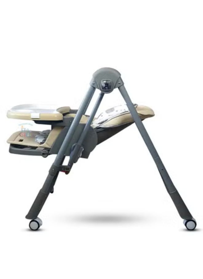 Burbay high chair for children with five height levels, can be used as a swing, double food tray, movable wheels, foldable, and has a movable footrest- DM133