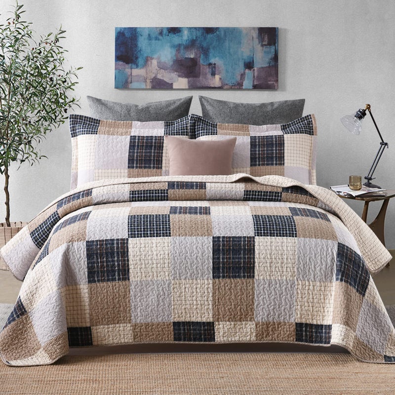 Finlonte Quilt  100 Cotton Queen Size Bedspreads Brown Plaid Lightweight 3Pieces