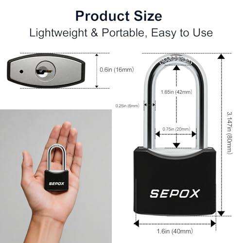 SEPOX 1916 AllWeather Outdoor Padlocks Keyed Alike 134 Long Shackle Solid Steel Lock HeavyDuty with Black Cover Design for Gate Fence Cabinet Toolbox School Gym Locker with 2pcs Same Key - Image 3