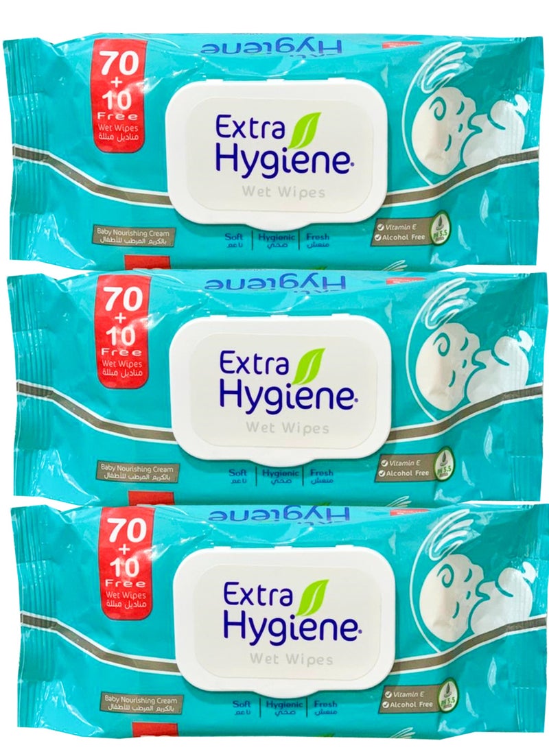 Hygiene Extra Hygiene Wipes Baby nourishing cream 70+10 Wet Wipes 3 Pcs  - Image 1