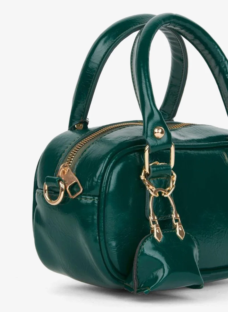 Women's Tulip Green Bag with Charm Details, Rugan Leather, Zip Closure, Hand, Arm and Shoulder Bag.