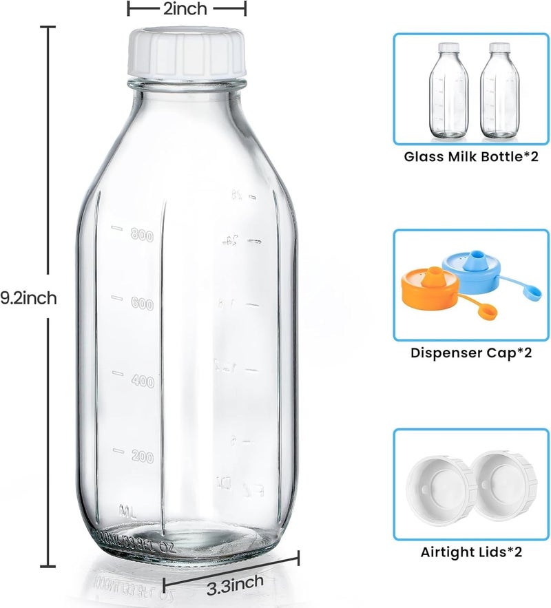 FUFU 2-Pack 32 OZ Premium Glass Milk Bottles with Pour Spout Lids & Airtight Caps – Perfect for Breast Milk, Syrup, Honey, Juice & More! - Image 2
