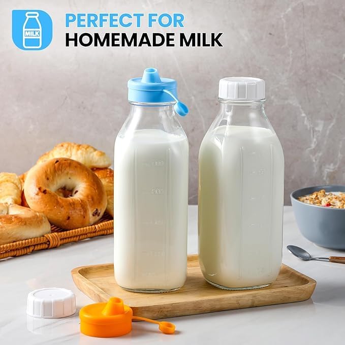 FUFU 2-Pack 32 OZ Premium Glass Milk Bottles with Pour Spout Lids & Airtight Caps – Perfect for Breast Milk, Syrup, Honey, Juice & More! - Image 3