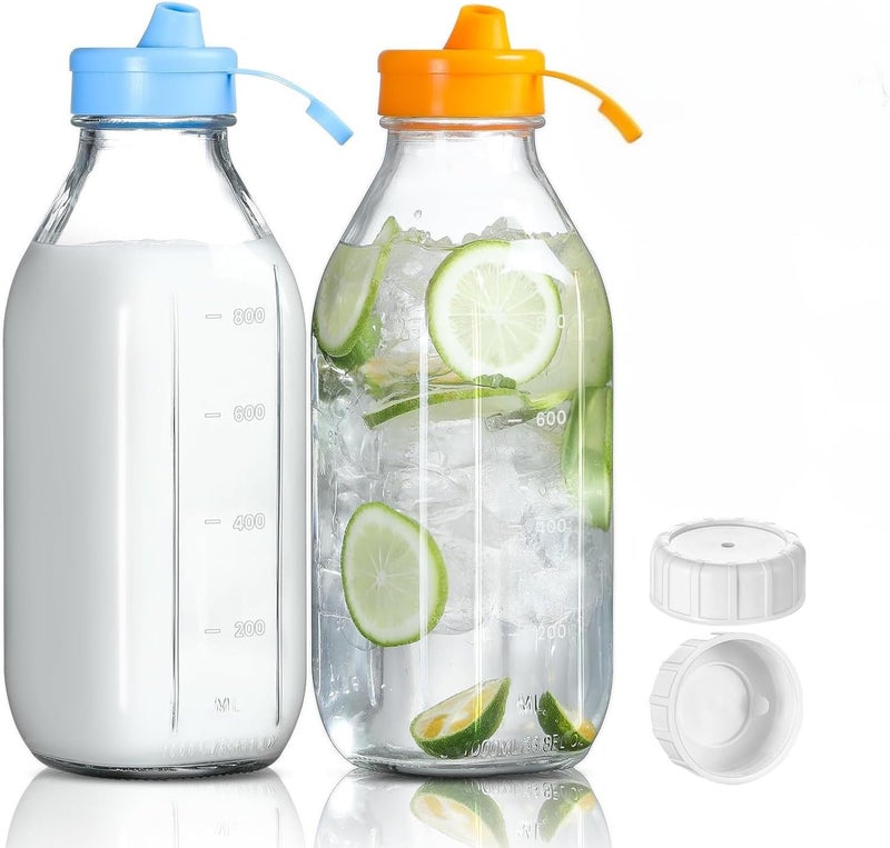 FUFU 2-Pack 32 OZ Premium Glass Milk Bottles with Pour Spout Lids & Airtight Caps – Perfect for Breast Milk, Syrup, Honey, Juice & More! - Image 1