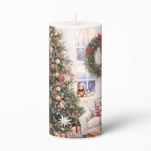 AURA DECOR AuraDecor Christmas Theme Pillar Candle | 3x6 Inch | White Candle | Xmas Candle | Santa Claus | Home Decor (Christmas Tree with Teddy) - Image 3