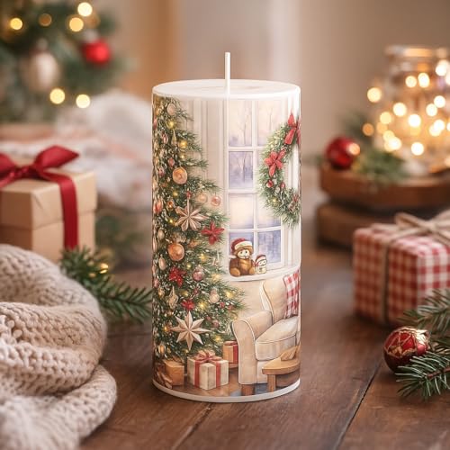 AURA DECOR AuraDecor Christmas Theme Pillar Candle | 3x6 Inch | White Candle | Xmas Candle | Santa Claus | Home Decor (Christmas Tree with Teddy) - Image 1