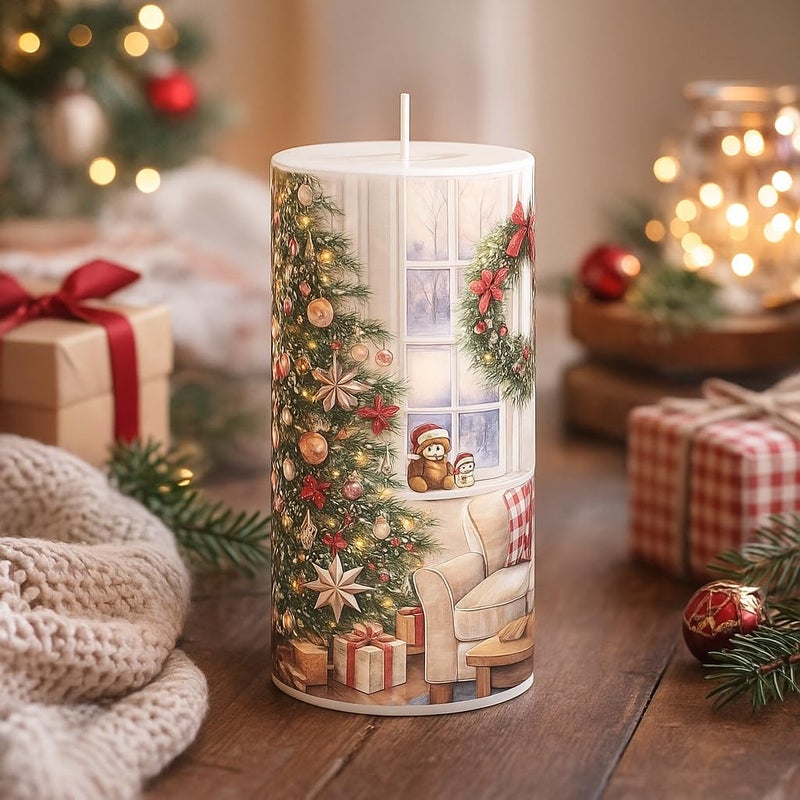 AURA DECOR AuraDecor Christmas Theme Pillar Candle | 3x6 Inch | White Candle | Xmas Candle | Santa Claus | Home Decor (Christmas Tree with Teddy) - Image 5