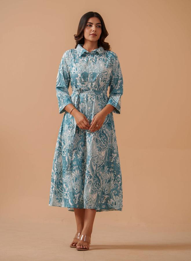 دي دبليو فستان ميدي بياقة قميص وطبعة زهور - Image 1