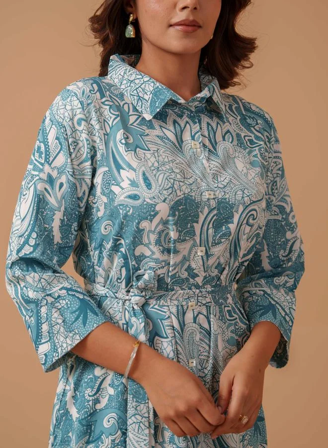 DW DW Floral Printed A-Line Shirt Collar Midi Dress