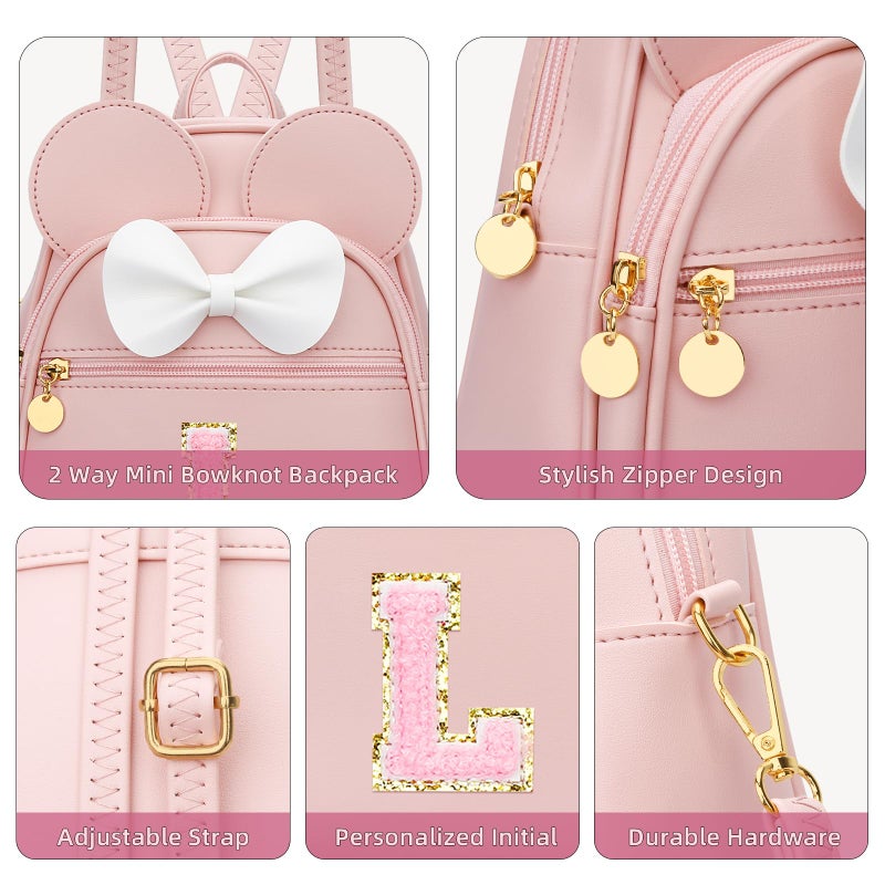 KKXIU Girls Initial Bowknot Cute Mini Backpack for Toddler, Travel Small Girl Backpacks, Personalized Birthday Gifts for Little Girls and Kids(L, Pink) - Image 4