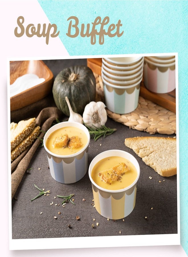 Confettiville Paper Ice Cream Cups, 50-Count 5.5-Oz Disposable Dessert Bowls for Hot or Cold Food, 5.5-Ounce Party Supplies Treat Cups, 5 Colors Pastel Stripes with Scalloped Gold Foil - Image 3