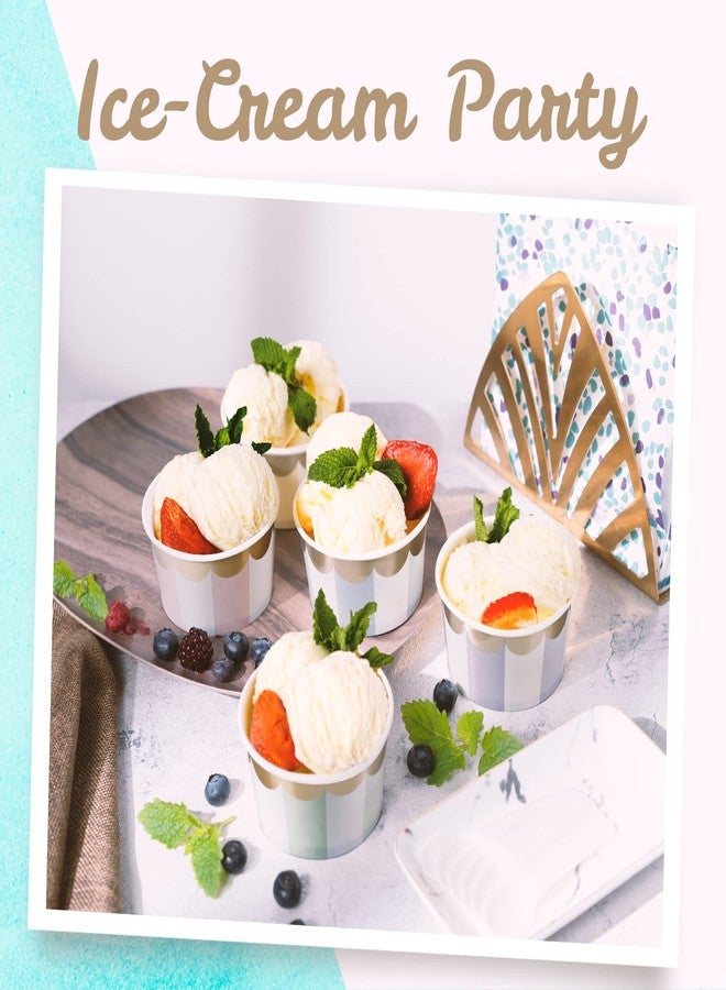 Confettiville Paper Ice Cream Cups, 50-Count 5.5-Oz Disposable Dessert Bowls for Hot or Cold Food, 5.5-Ounce Party Supplies Treat Cups, 5 Colors Pastel Stripes with Scalloped Gold Foil - Image 2