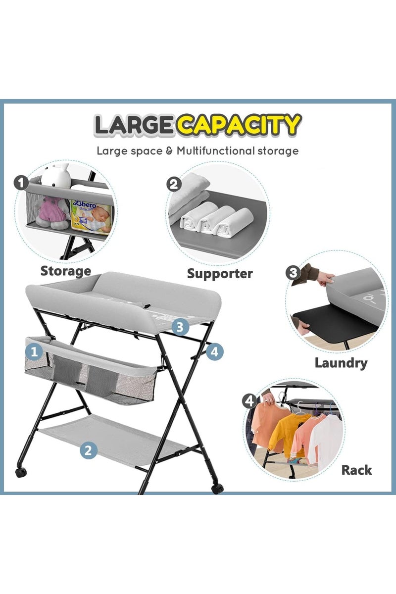 Foldable Height Adjustable Baby Changing Table Baby Changing Station with Wheels and Under-Bed Storage with Side Storage Net - Image 2