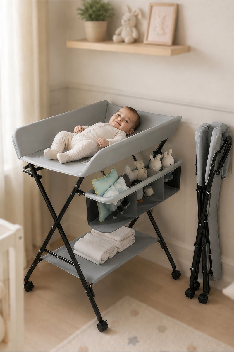 Foldable Height Adjustable Baby Changing Table Baby Changing Station with Wheels and Under-Bed Storage with Side Storage Net - Image 1
