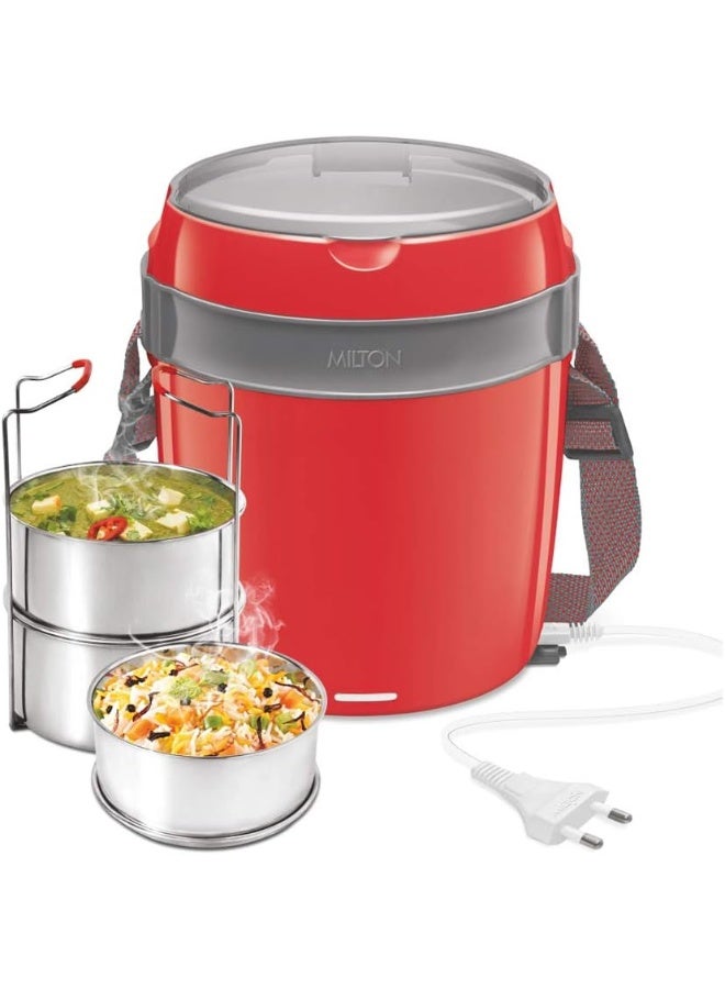 Milton Euroline Electric Lunch Box Tiffin Set of 3 – Stainless Steel Containers (360 ml each), Plug-In Food Warmer, Auto Shut-Off Heating, Ideal for Office & Hostel – Red - Image 1