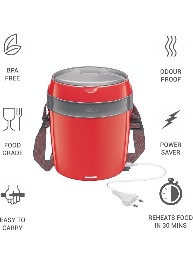 Milton Euroline Electric Lunch Box Tiffin Set of 3 – Stainless Steel Containers (360 ml each), Plug-In Food Warmer, Auto Shut-Off Heating, Ideal for Office & Hostel – Red - Image 2