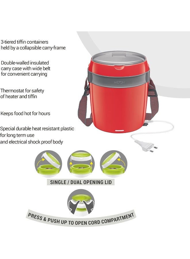 Milton Euroline Electric Lunch Box Tiffin Set of 3 – Stainless Steel Containers (360 ml each), Plug-In Food Warmer, Auto Shut-Off Heating, Ideal for Office & Hostel – Red - Image 4