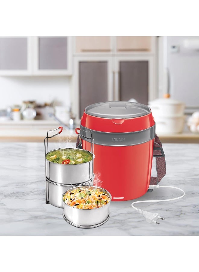Milton Euroline Electric Lunch Box Tiffin Set of 3 – Stainless Steel Containers (360 ml each), Plug-In Food Warmer, Auto Shut-Off Heating, Ideal for Office & Hostel – Red - Image 3