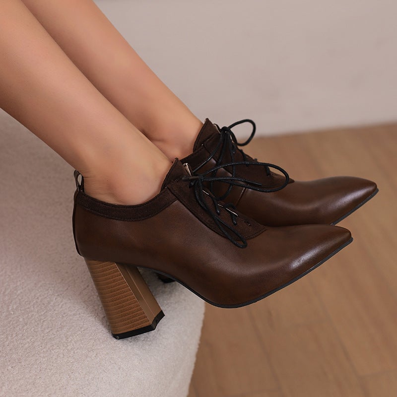 2024 Spring Fashion High Heeled Pointed 32-50 Super Plus Size Wood Heeled Lace-Up Shoes For Women - Image 3