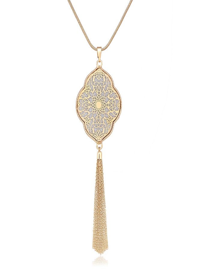 مولوك مجموعة قلادات مولوخ الطويلة للنساء، قلادات دائرية مزينة بشرابات على شكل حرف Y، قلادة مميزة (ذهبية على شكل زهرة رباعية الفصوص). - Image 1