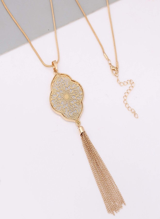 مولوك مجموعة قلادات مولوخ الطويلة للنساء، قلادات دائرية مزينة بشرابات على شكل حرف Y، قلادة مميزة (ذهبية على شكل زهرة رباعية الفصوص). - Image 5