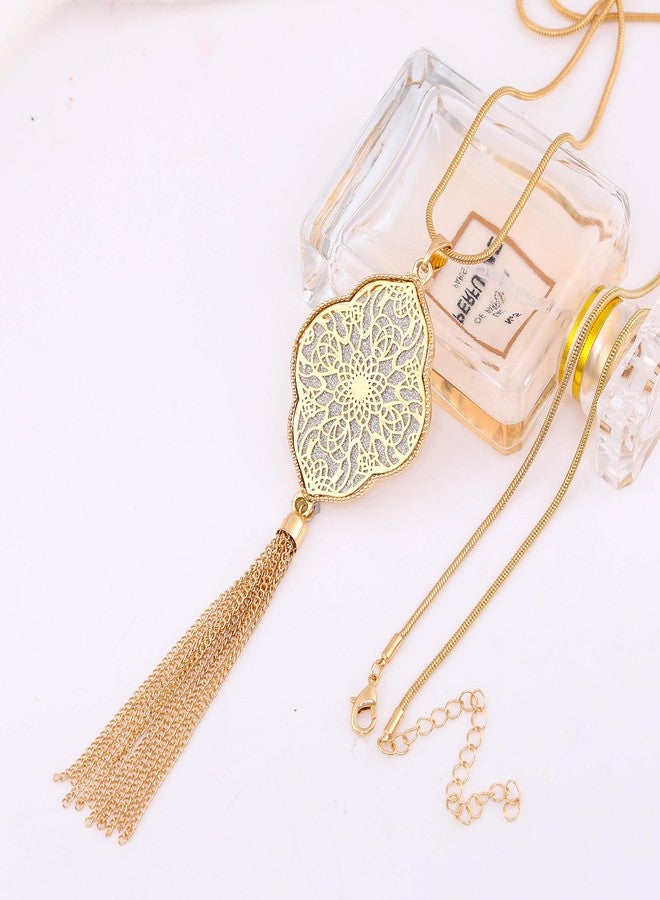 مولوك مجموعة قلادات مولوخ الطويلة للنساء، قلادات دائرية مزينة بشرابات على شكل حرف Y، قلادة مميزة (ذهبية على شكل زهرة رباعية الفصوص). - Image 4