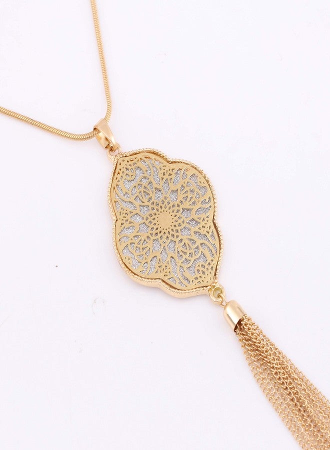 مولوك مجموعة قلادات مولوخ الطويلة للنساء، قلادات دائرية مزينة بشرابات على شكل حرف Y، قلادة مميزة (ذهبية على شكل زهرة رباعية الفصوص). - Image 3