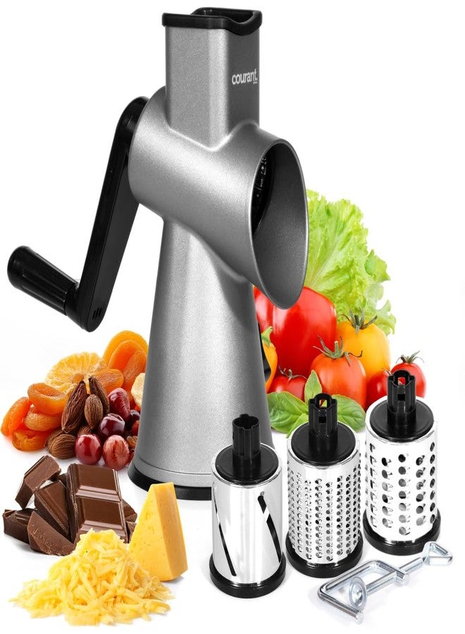 Courant Rotary Cheese Grater hand crank, High Grade steel housing-Vegetable Slicer salad shooter &vegetable shredder Rotary Grater Slicer for Vegetables, Nuts, with 3 Interchangeable Blades - Image 1