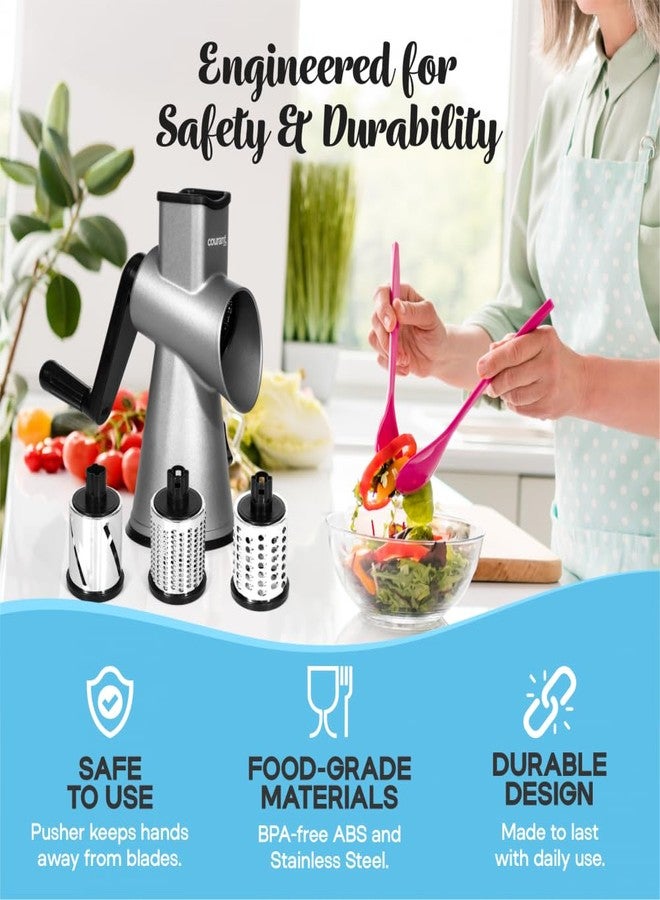 Courant Rotary Cheese Grater hand crank, High Grade steel housing-Vegetable Slicer salad shooter &vegetable shredder Rotary Grater Slicer for Vegetables, Nuts, with 3 Interchangeable Blades - Image 4