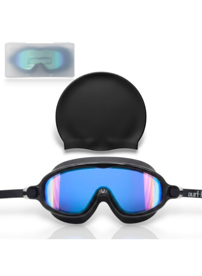 Aurheim Swimming Goggles for Kids with head cap Pool Goggles No Leaking Anti Fog UV Protection Waterproof Wide Frame BLACK - Image 1
