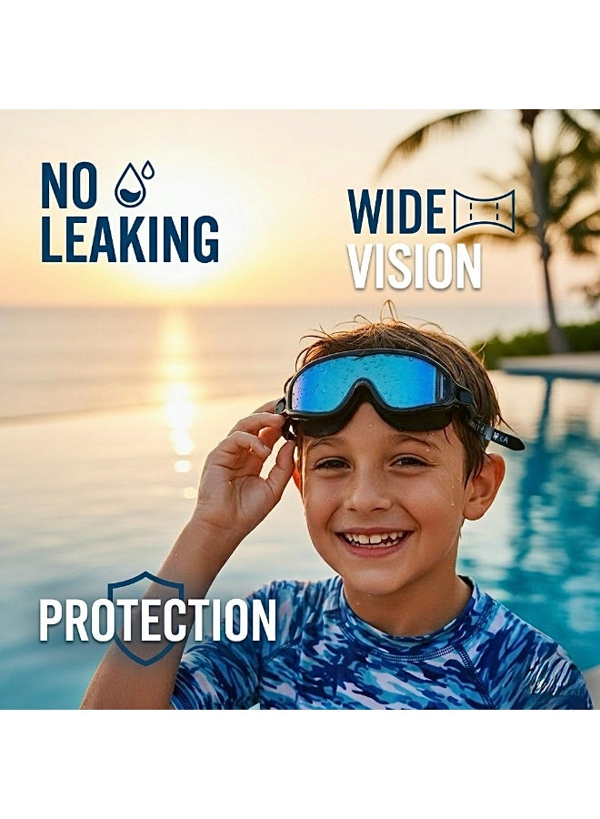 Aurheim Swimming Goggles for Kids with head cap Pool Goggles No Leaking Anti Fog UV Protection Waterproof Wide Frame BLACK - Image 4