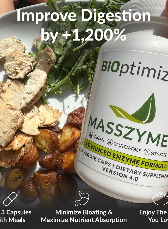 BIOptimizers MassZymes - Complete Digestive Enzymes Supplement for Gut Health - Bloating Relief for Men and Women - Lipase Amylase Bromelain Digestive Enzymes (250 Capsules) - Image 4