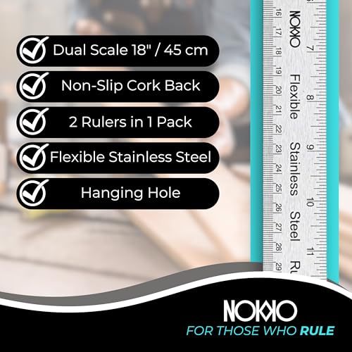 NOKKO 18 Inch Metal Ruler with Cork Backing Pack of 2 Stainless Steel Straight Edge Ruler with Inches and Centimeters NonSlip Cork Back for Precision Measurement and Stability - Image 3