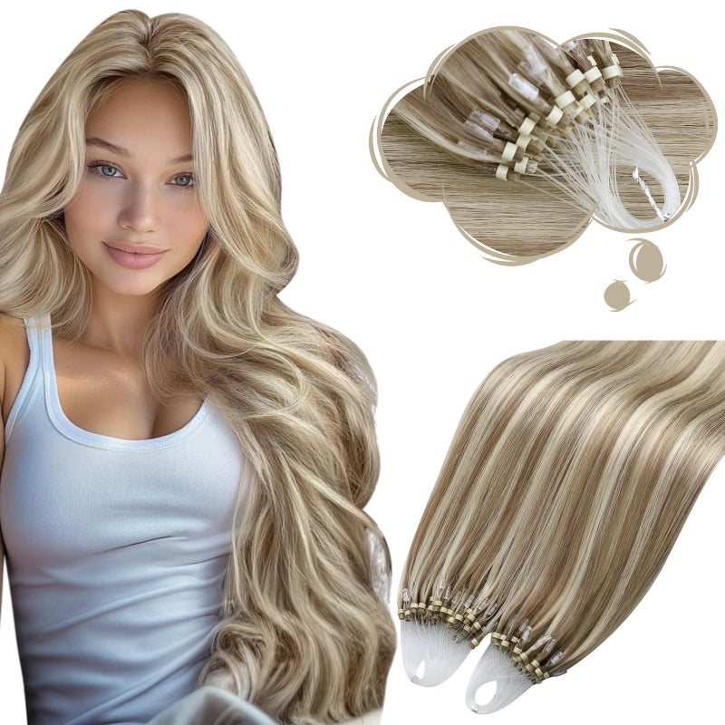 Moresoo Microlink Hair Extensions Human Hair Blonde Highlight Micro Bead Hair Extensions Human Hair Light Brown And Platinum Blonde Micro Link Hair Extensions Human Hair Blonde 50G50S 18Inch
