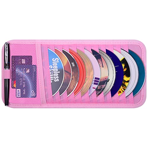 Wisdompro Car CD Case Holder, Wisdompro Vehicle Sun Visor Organizer for Cars with 12 DVD Storage Sleeves, 1 Mesh Pocket, 1 Pen Holder and Elastic Strap, Pink - Image 1