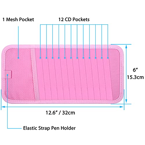 Wisdompro Car CD Case Holder, Wisdompro Vehicle Sun Visor Organizer for Cars with 12 DVD Storage Sleeves, 1 Mesh Pocket, 1 Pen Holder and Elastic Strap, Pink - Image 2