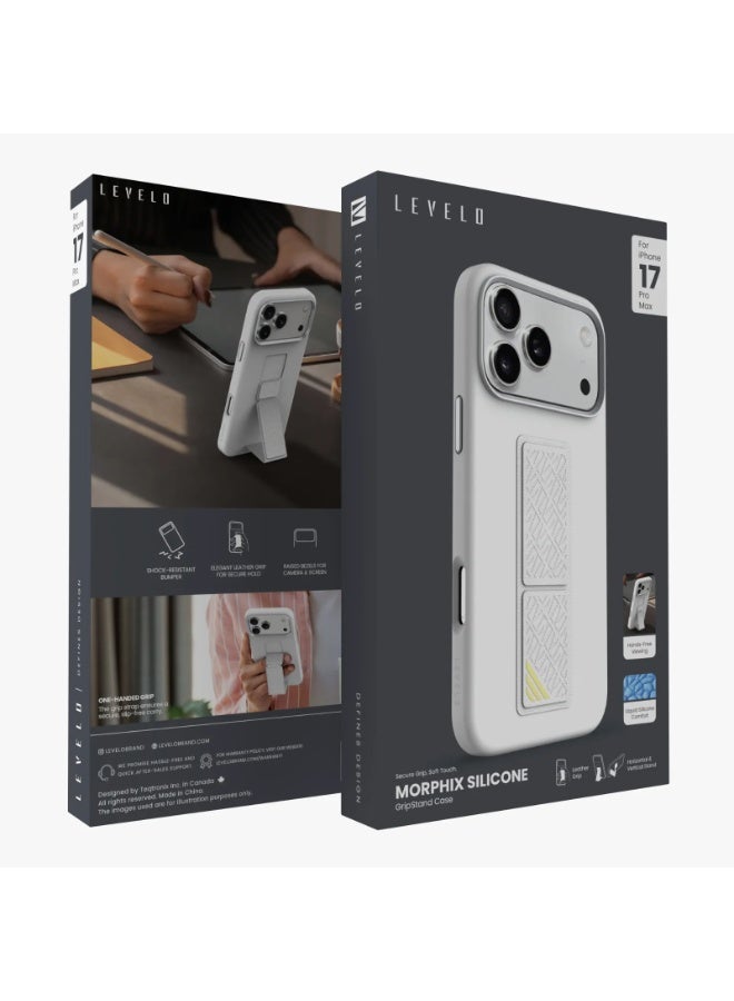 ليفيلو جراب مورفيكس سيليكون لهاتف iPhone 17 Pro Max مع قبضة جلدية لتثبيت آمن / مصد مقاوم للصدمات / غطاء خلفي بتصميم نحيف / حواف مرتفعة للكاميرا والشاشة / سيليكون سائل مريح / حافة مرتفعة -  فضي - Image 4