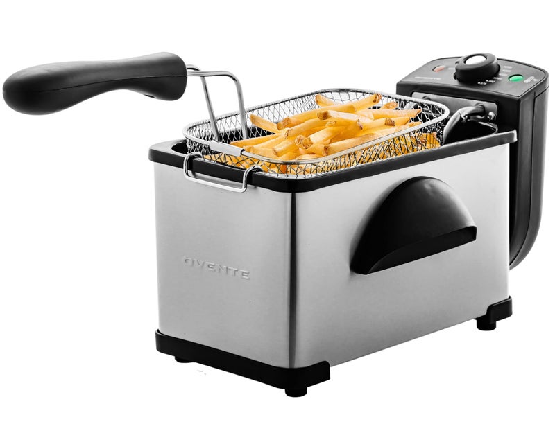 OVENTE Electric Deep Fryer 2 Liter Capacity, 1500 Watt Lid with Viewing Window and Odor Filter, Adjustable Temperature, Removable Frying Basket and Easy to Clean Stainless Steel Body, Silver FDM2201BR - Image 1