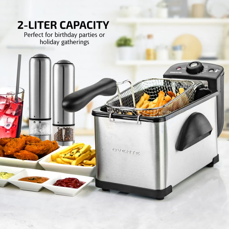 OVENTE Electric Deep Fryer 2 Liter Capacity, 1500 Watt Lid with Viewing Window and Odor Filter, Adjustable Temperature, Removable Frying Basket and Easy to Clean Stainless Steel Body, Silver FDM2201BR - Image 2