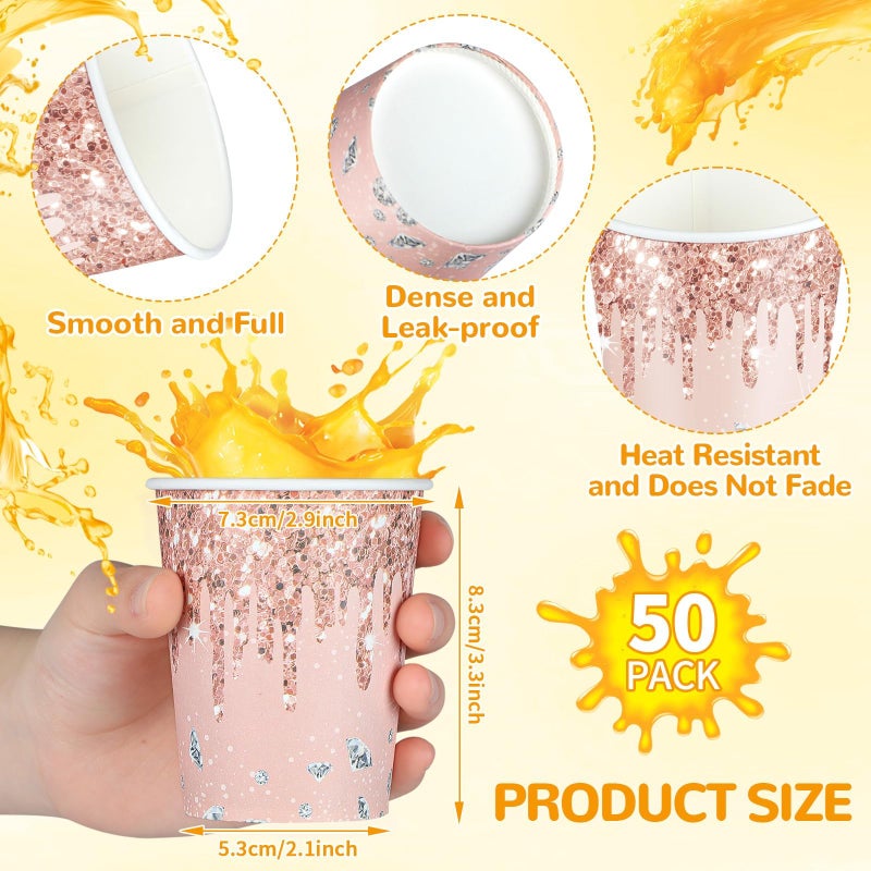CHUNNIN 50Pcs Rose Gold Birthday Party Paper Cups 9oz Pink Rose Gold Party Cups Supplies Rose Gold Theme Party Disposable Cups for Women girls Birthday Wedding Baby Shower Party Favors Decorations - Image 2