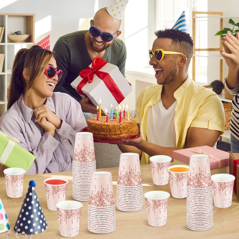 CHUNNIN 50Pcs Rose Gold Birthday Party Paper Cups 9oz Pink Rose Gold Party Cups Supplies Rose Gold Theme Party Disposable Cups for Women girls Birthday Wedding Baby Shower Party Favors Decorations - Image 5