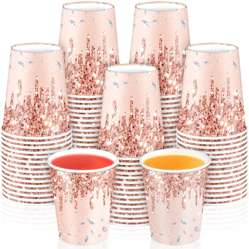 CHUNNIN 50Pcs Rose Gold Birthday Party Paper Cups 9oz Pink Rose Gold Party Cups Supplies Rose Gold Theme Party Disposable Cups for Women girls Birthday Wedding Baby Shower Party Favors Decorations - Image 1