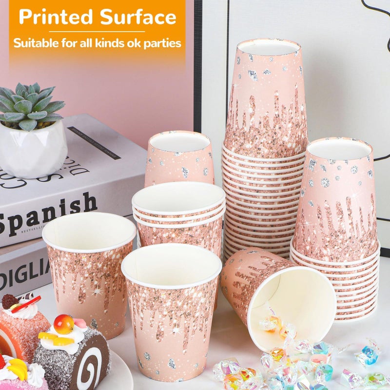 CHUNNIN 50Pcs Rose Gold Birthday Party Paper Cups 9oz Pink Rose Gold Party Cups Supplies Rose Gold Theme Party Disposable Cups for Women girls Birthday Wedding Baby Shower Party Favors Decorations - Image 3