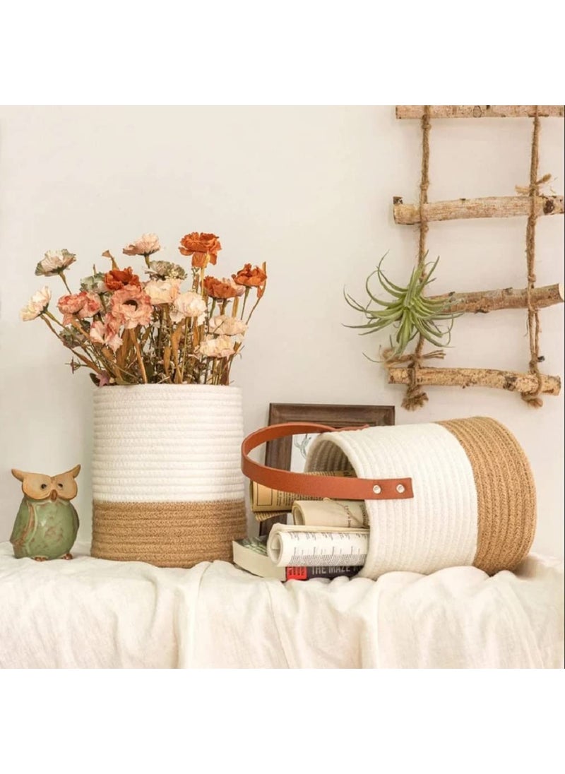 AIESY AIESY Live Beautiful Ingeniously Handcrafted Decorative Rope Hanging Fabric Basket 7X8 inch 2 Pcs Set WhiteBeige  - Image 3
