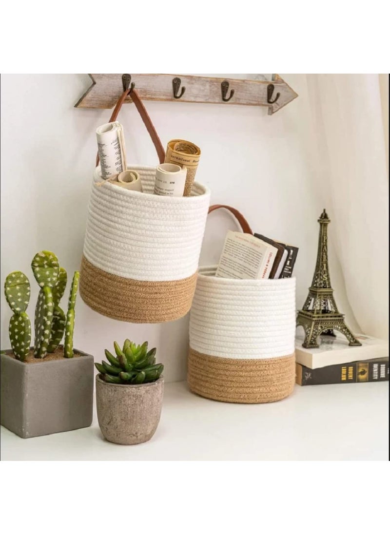 AIESY AIESY Live Beautiful Ingeniously Handcrafted Decorative Rope Hanging Fabric Basket 7X8 inch 2 Pcs Set WhiteBeige  - Image 2